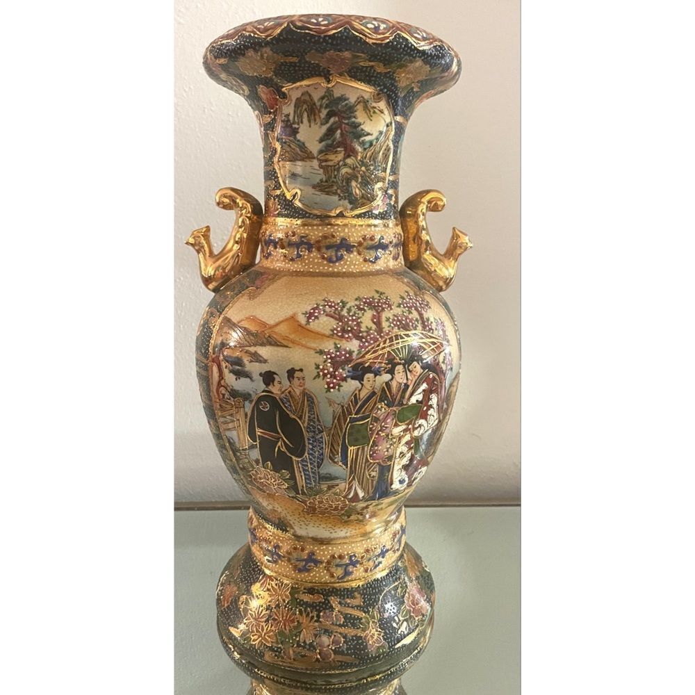 LARGE ROYAL SATSUMA JAPANESE MORIAGE & GOLD GILTING HANDLES VASE, GOSU BLUE14.5”